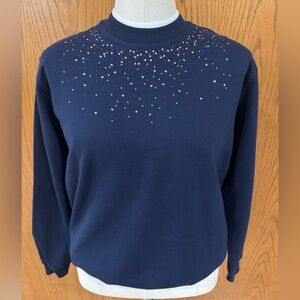 NWT Top Stitch Women’s Medium Crewneck Navy Sweatshirt w/ Festive Embellishments